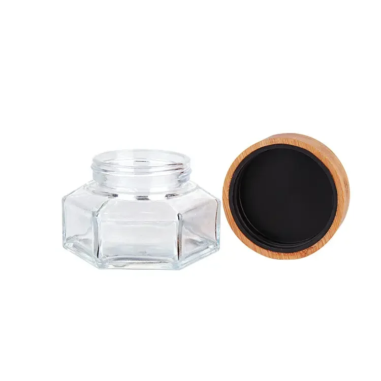 Round lid face cream container hexagonal luxury glass 30g cosmetic jar with bamboo screws