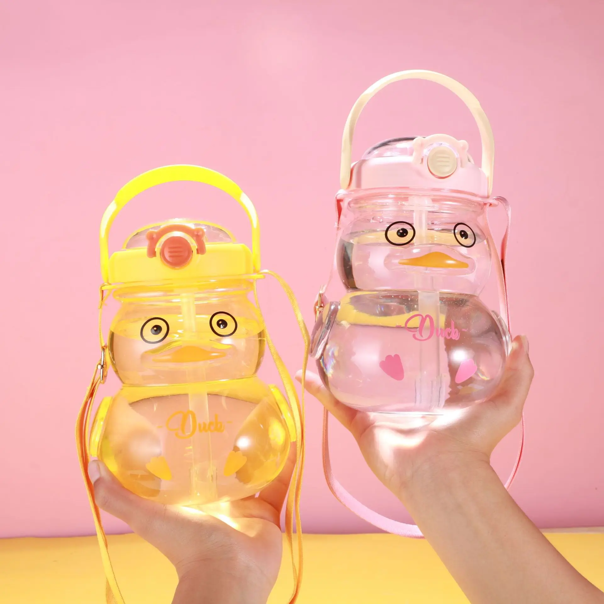 In Summer, The Little Yellow Duck Can Be Cross-body Large-capacity 1 Liter Cute Plastic Water Bottle With Straw