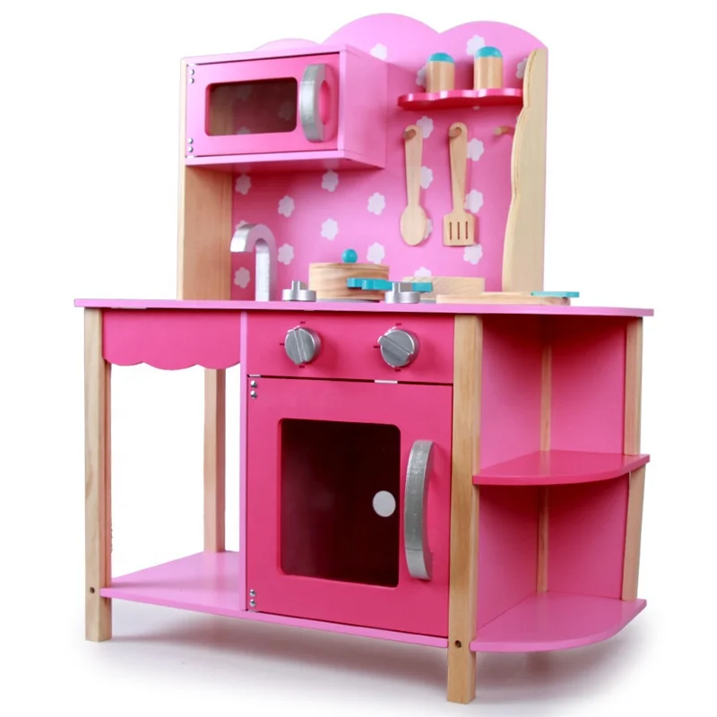 High quality kitchen wooden toys  kids Wooden kitchen toy pink Roleplay kitchen set
