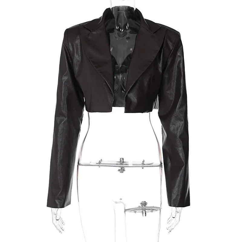 Hanrong Fall Street Brown PU Leather Cardigan Jacket Causal Clothing For Women 2023 Long Sleeve Tailored Collar Slim Crop Jacket