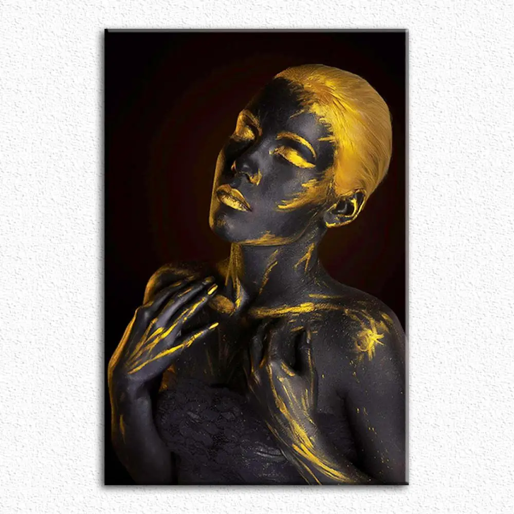 Golden Fashion Black African Nude Woman Oil Painting on Canvas Posters and Prints Wall Art Picture for living room
