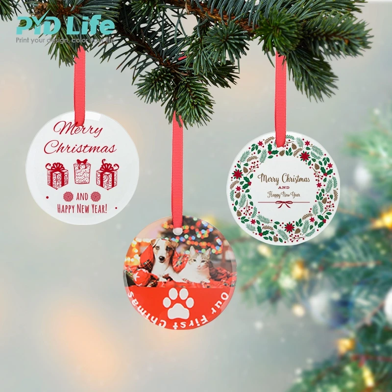 PYD Life Wholesale 3 Inch Sublimation Glass Frosted Round Christmas Transparent Ornaments Blanks Sublimation with Red Ribbon
