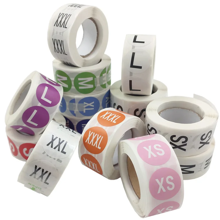 Custom Printed Round Adhesive Label Roll Clear Size Number Stickers XS S M L XL XXL XXXL for Clothes T-Shirts for Gifting