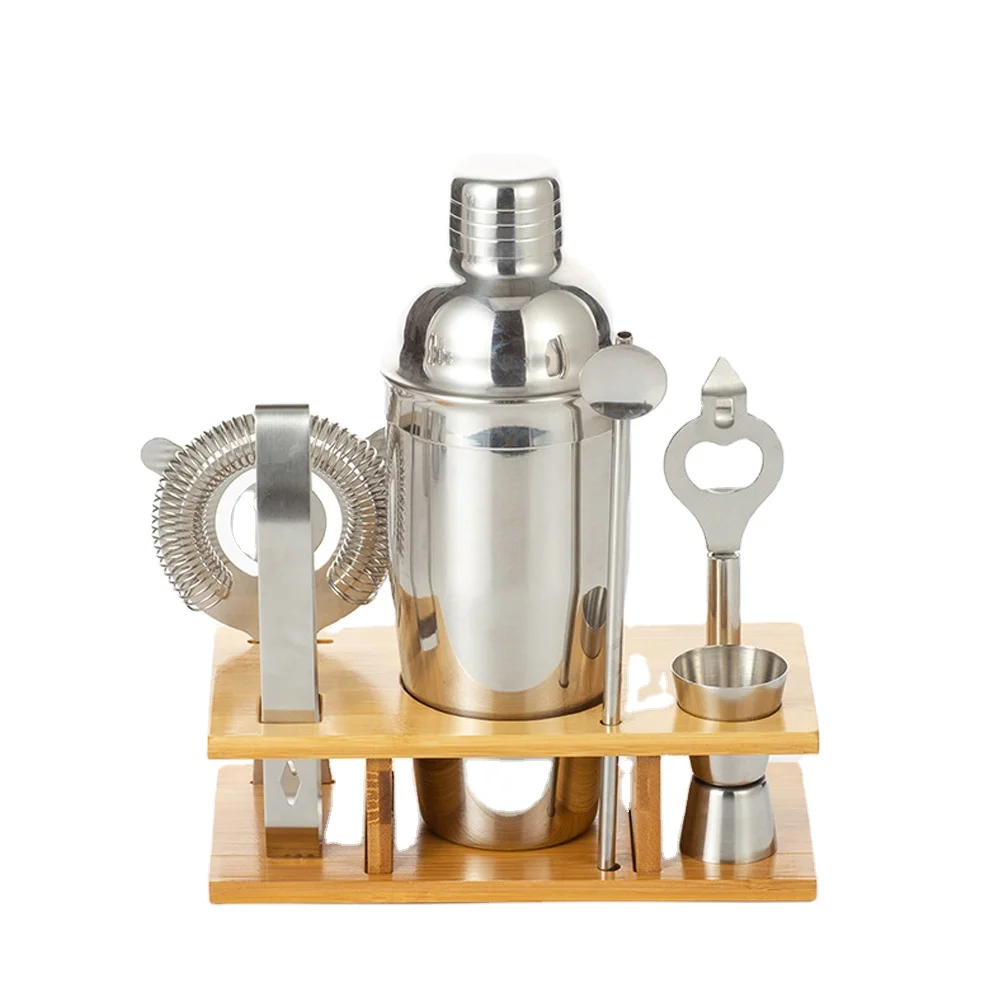 Custom 7-piece Professional Cocktail Shaker Making Bar Sets With Bamboo Stand Stainless Steel Bartender Kit Bar Tool