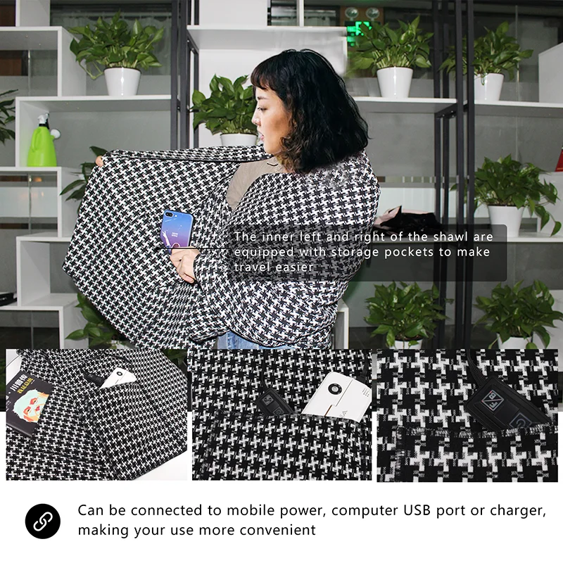 Houndstooth Durable And Fresh Style Carbon Fiber Supply Safe Heating Scarfs Shawls For Women