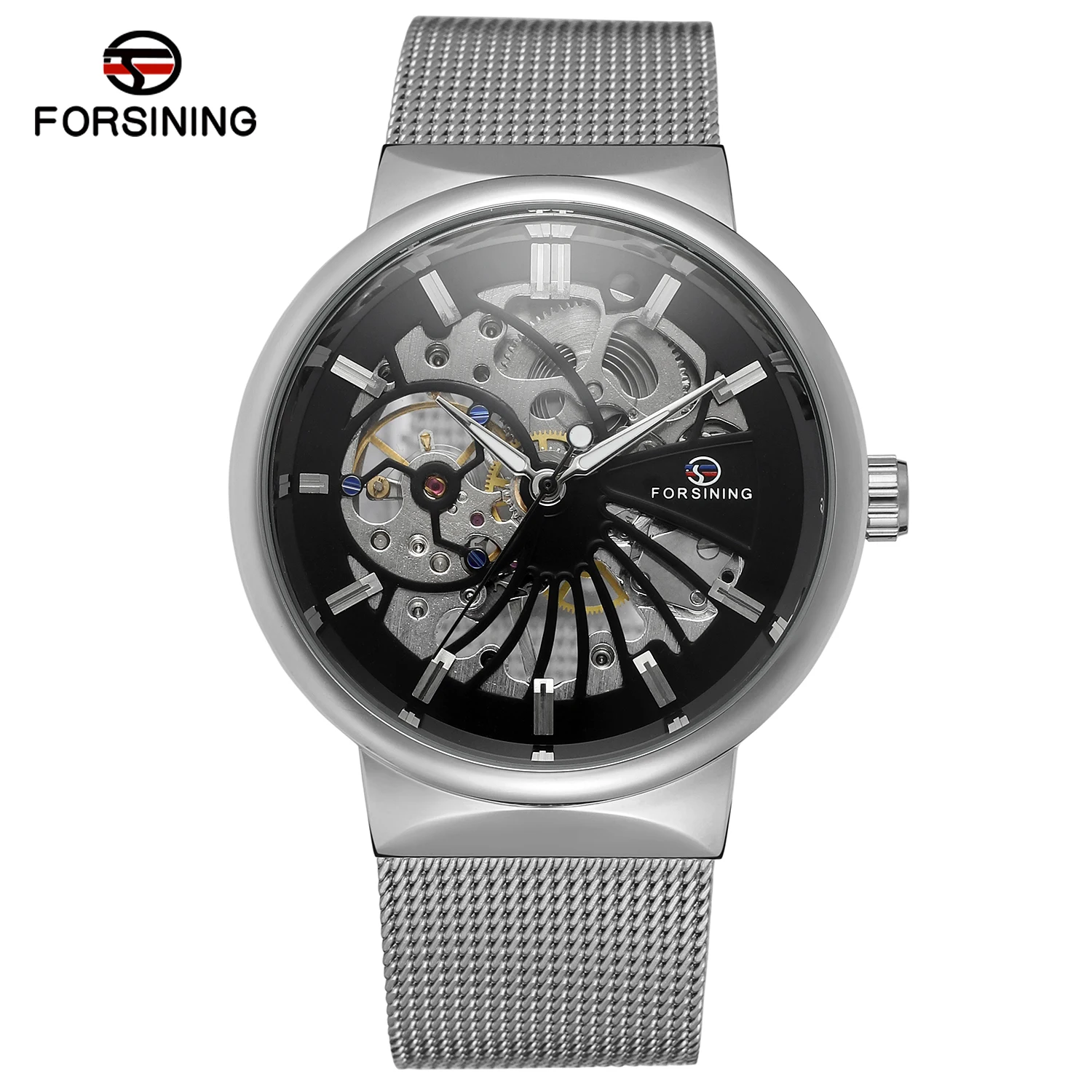 2024 Forsining Fashion Men Gold Color  mechanical Skeleton Watch With Mesh Band for man