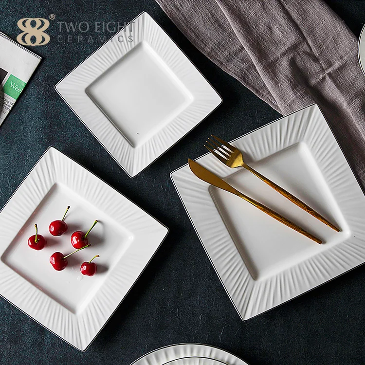 2021 elegant bone china plates restaurant White Silver Rim fine bone china dinner set Plates ceramic square plate