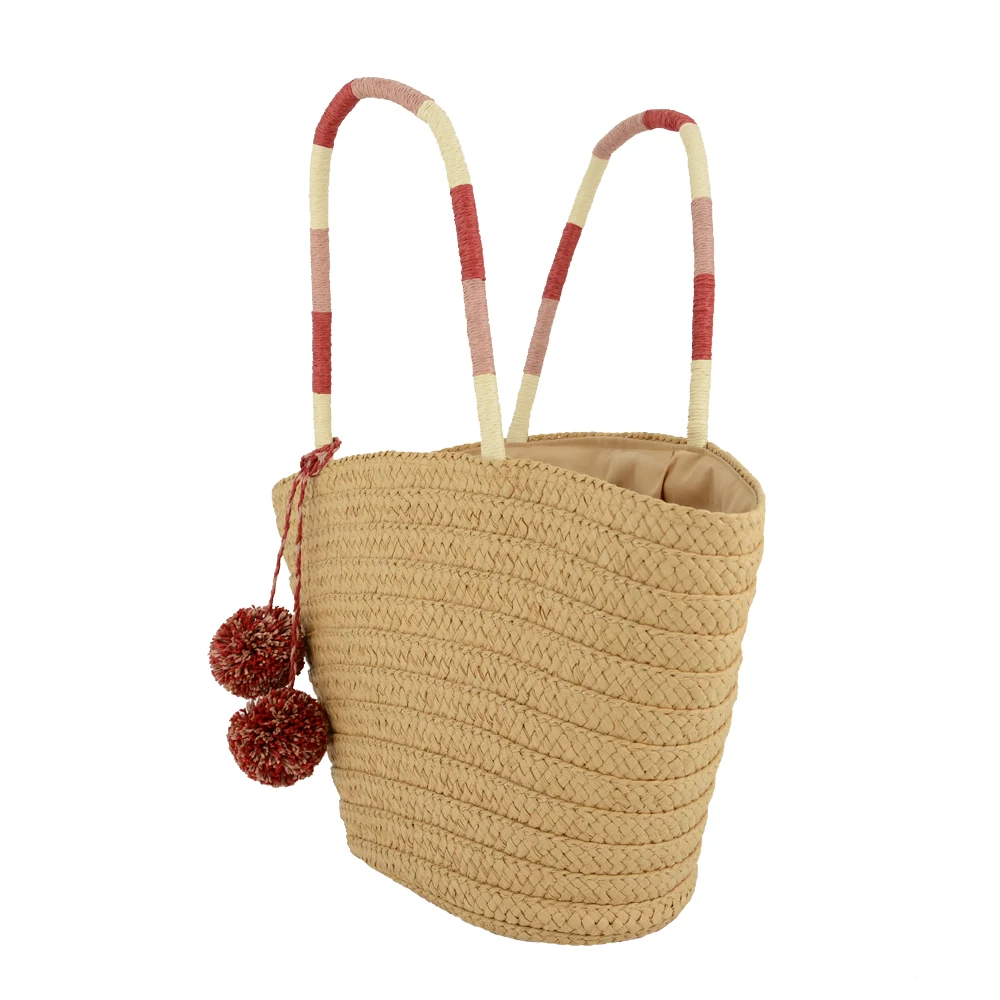 China supplier new design OEM womens straw beach tote bag with pom poms trimming drawstring closure straw tote