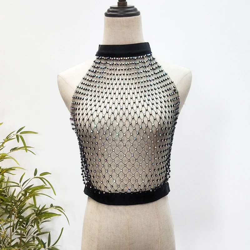 Женская сексуальная сетчатая майка со стразами, ажурный эластичный сетчатый укороченный топ со стразами