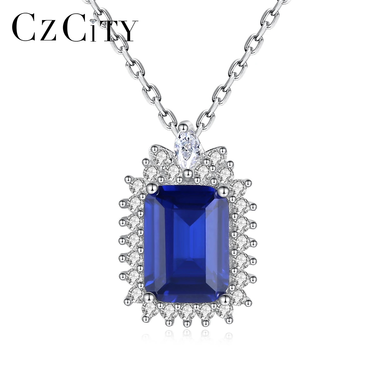 Vintage 925 Sterling Silver Pendant CZ Diamond Gemstone Necklace Emerald Cut Blue Sapphire Link Chain Jewelry for Wedding Women