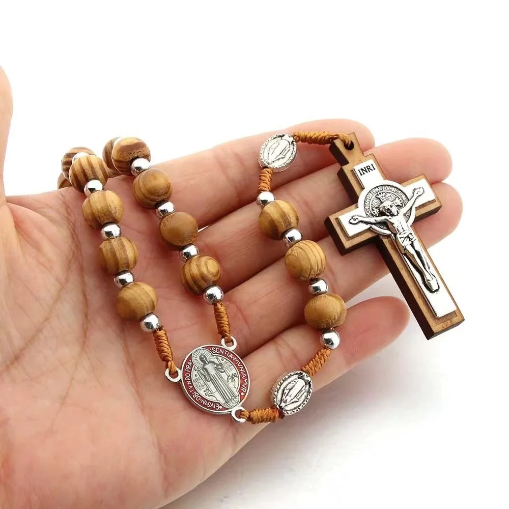 Hand-knotted Catholic Retro Wood Beads Alloy Benedic Jesus Christ Cross Pendant Rosary Necklace