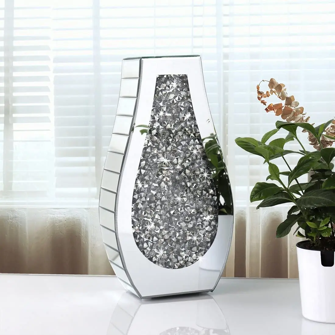 Arc-Shaped Thickened Large Size Luxury Crystal Silver Glass Decorative Crushed Diamond Mirrored Flower Vase For Home Decor