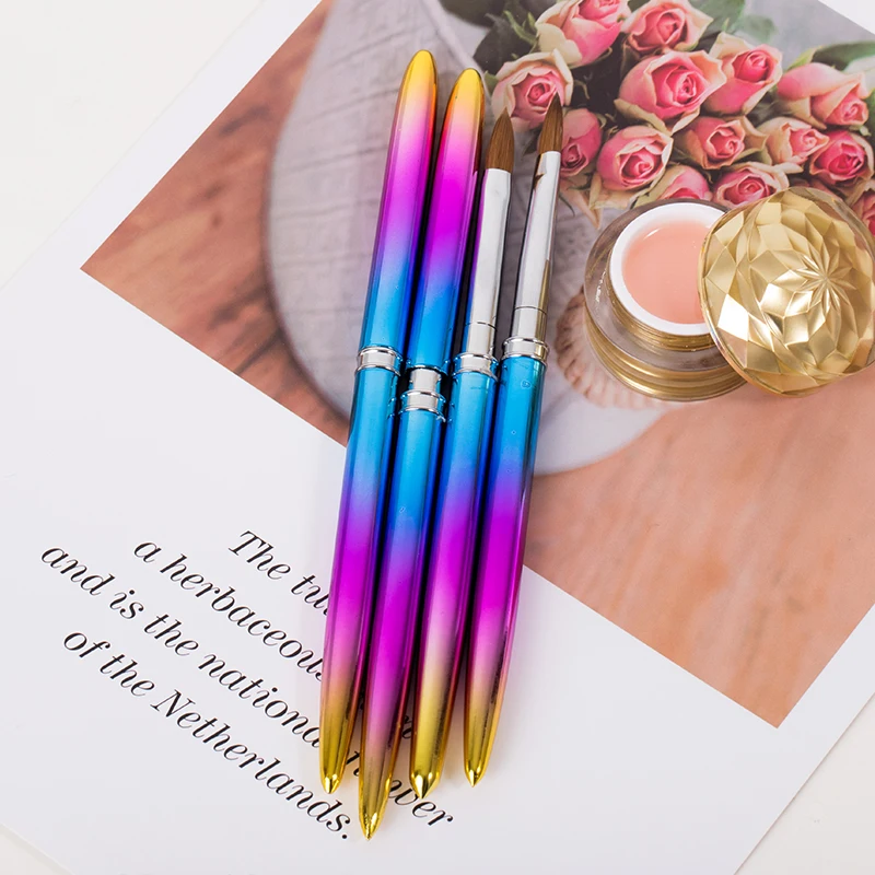 Manufacturer New Rainbow Metal Handle Wholesale 100% Pure Kolinsky Sable Acrylic Nail Art Brushes