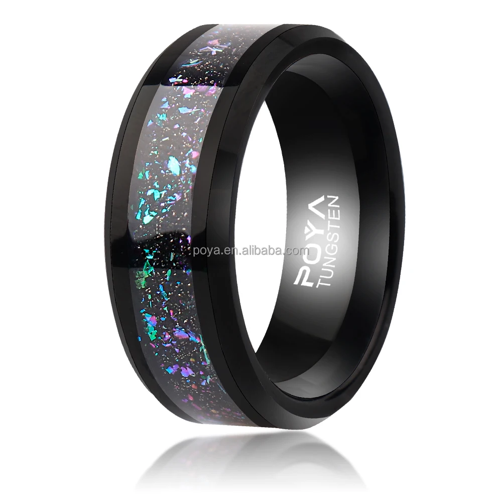 POYA Black 8mm Flat Alexandrite Space Rings Tungsten Sandstone Inlay Galaxy Wedding Ring for Men