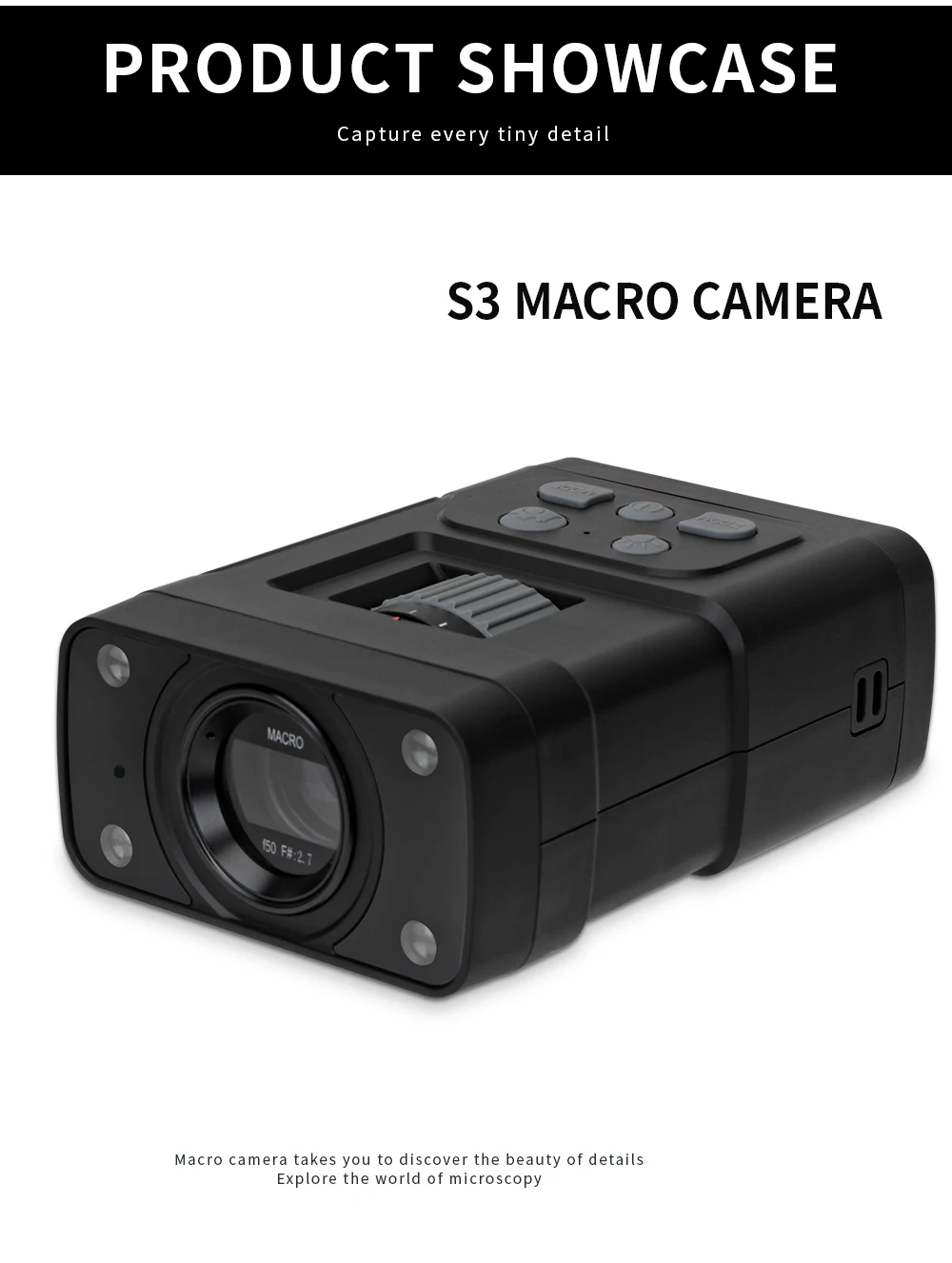 S3 2K HD Delayed Shot WiFi APP Black Macro Camera 5level LED switch  2304X1296 image uualty Remote control insect Macro Camera