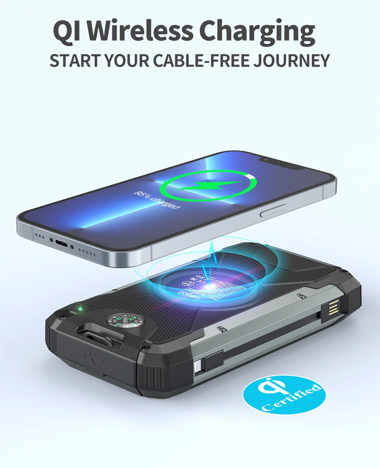 New Solar Power Bank PN-W25 20000mAh Qi Wireless Charger with  LED Flashlight Build in Cables TYPE-C USB Power Bank