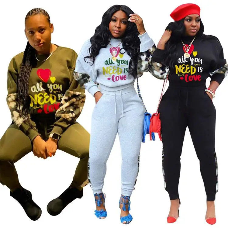 
Hot Onsale 2020 Fall And Winter Camouflage Splice Print Sports Suit 2 Pcs Track Suit Outfits Two Piece Set Women Clothing 