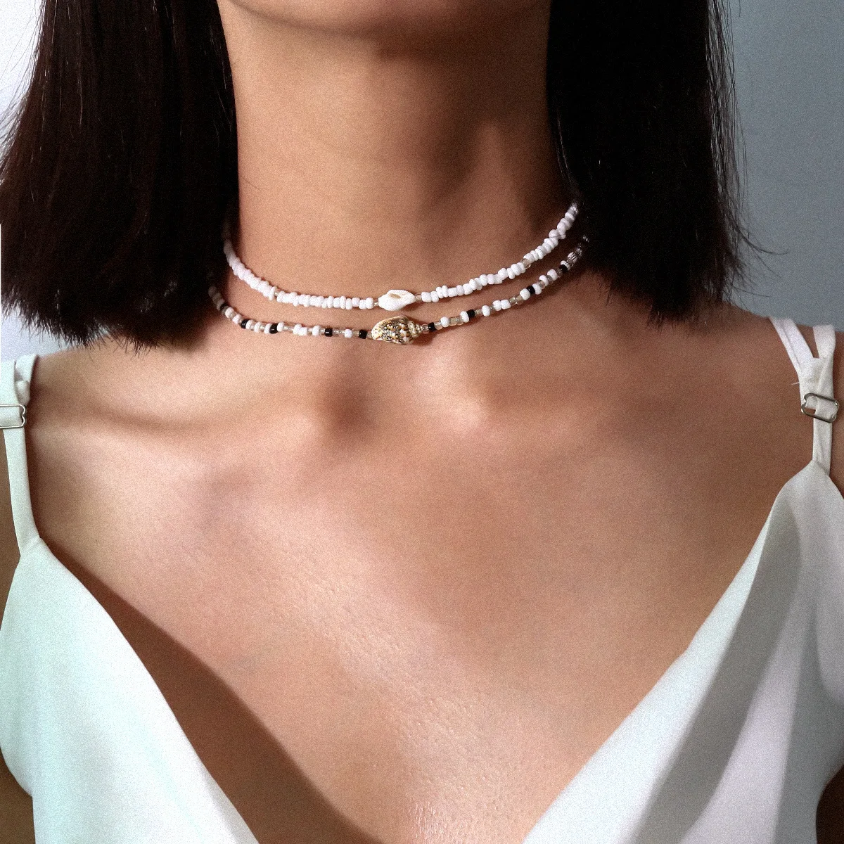 Summer Beach Style Fashion Glass Seed Beads Choker Necklace 2pcs Sea Shell Conch Beaded Necklace Set