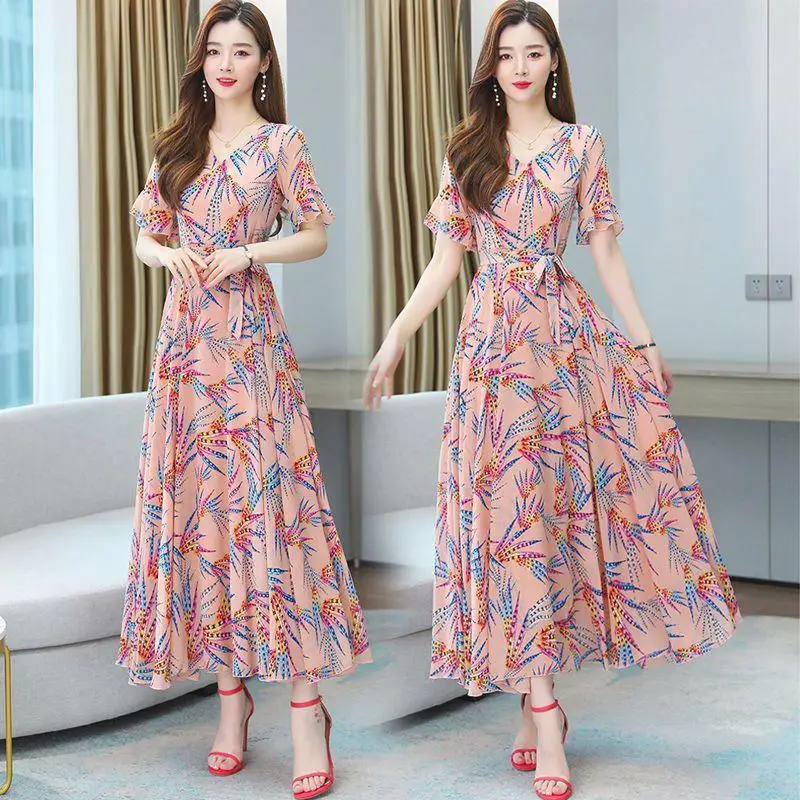 2023 Design Women Chiffon Holiday Beach Dress Long Sleeve Deep V-Neck Sex Irregular Rainbow Ruffles Ladies Dresses Maxi
