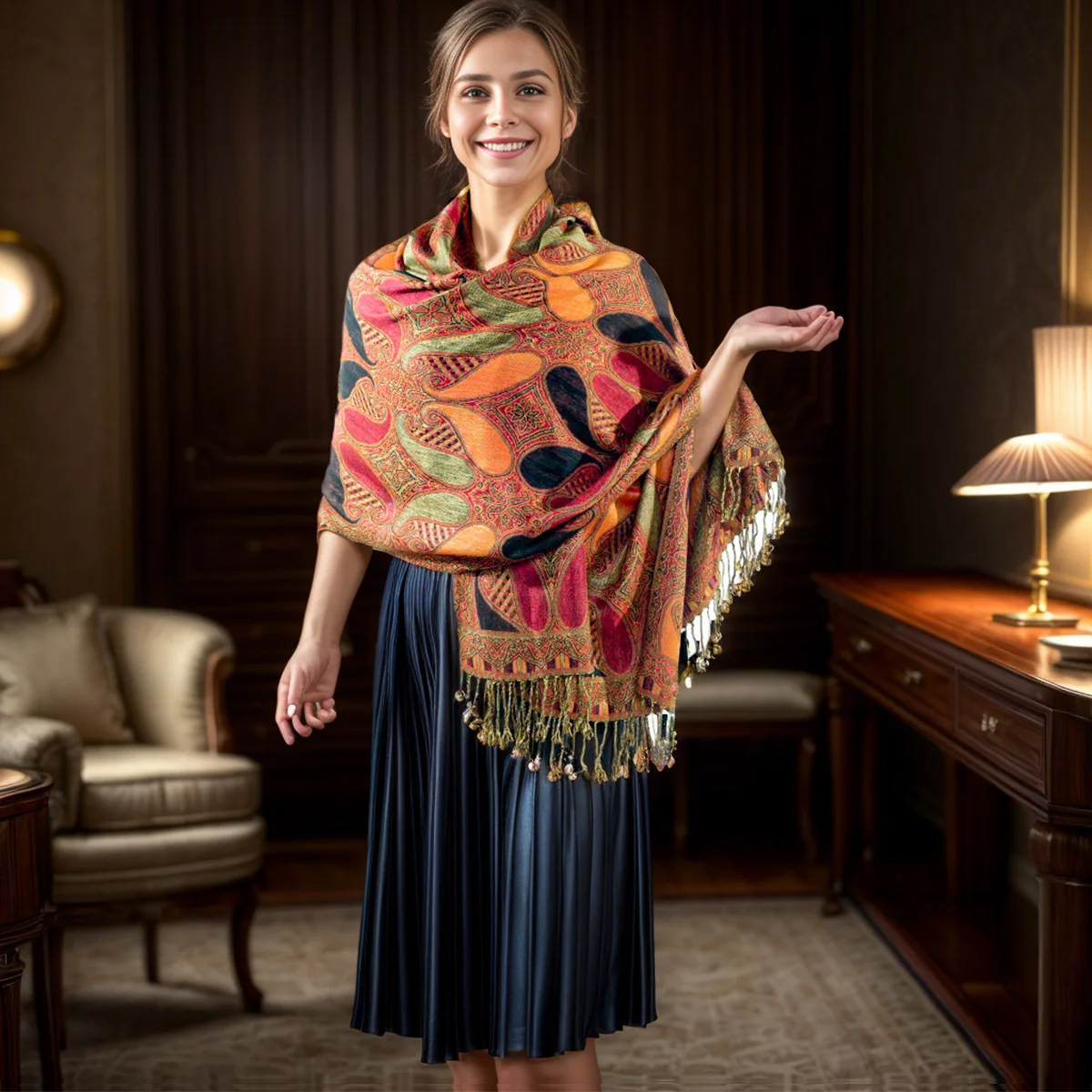 Bohomonde pashmina shawl with tassel Indian floral paisley cashmere scarf nepal poncho for women