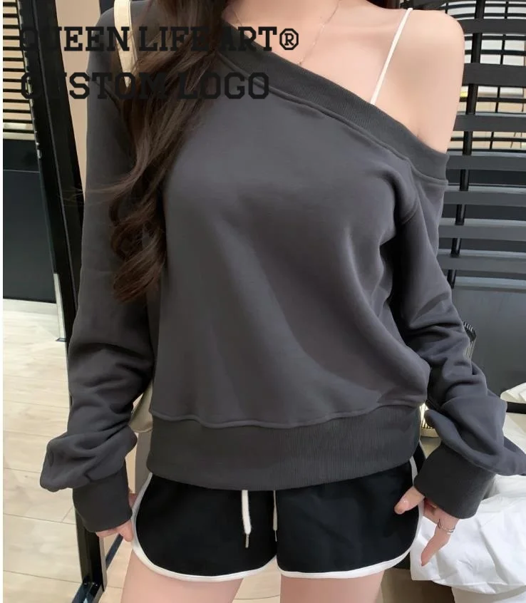 custom logo oversized one shoulder  customized embroidered hoodie fleece mauve woman long sleeve loose sweatshirt casual workout
