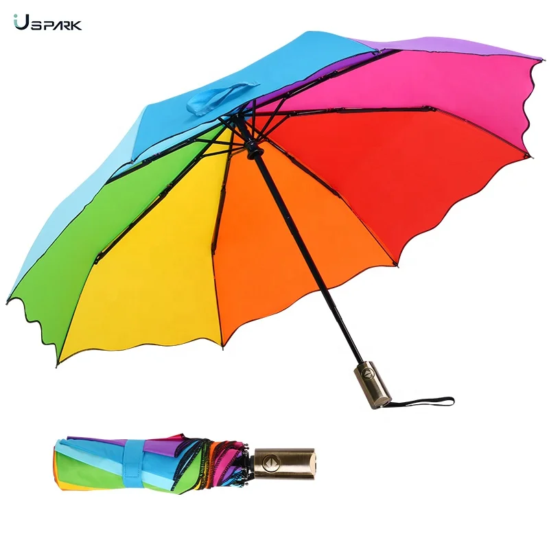 Colorful Rainbow Automatic Folding Umbrella Windproof Compact Travel umbrellas for women