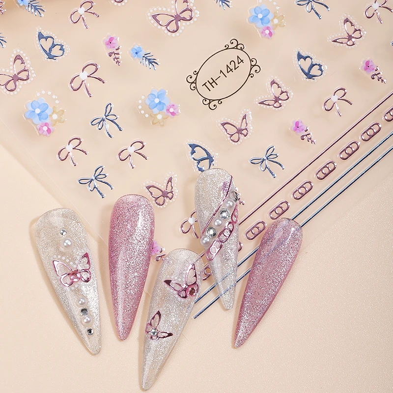 hot selling custom vinyl 2D laser line Hollow out butterfly Bow design DIY nail art salon decal stickers