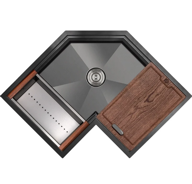 Customized Kitchen Sink Special-shaped Thickened Black Nano Stainless Steel Corner Sink Corner Double-groove Kitchen Corner