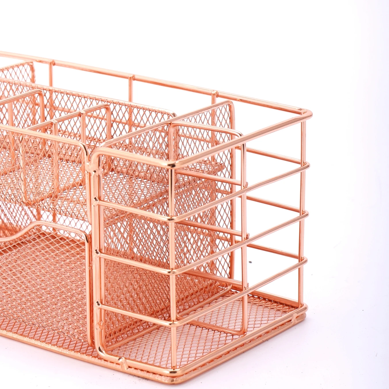 2023 Hot Sale Metal Wire Rose Gold Storage Basket Pen And Stamper Holder For Office Supplies