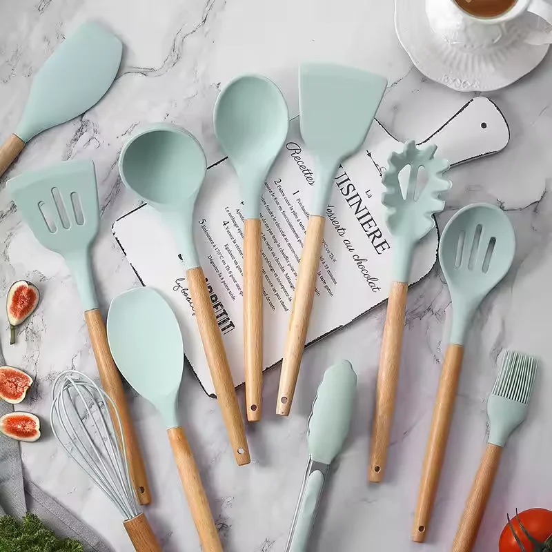 Factory whole 12 pcs kitchenware silicone cooking kitchen utensil set with wooden handle at stock