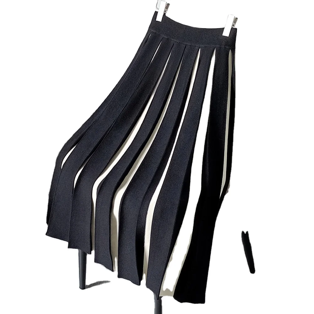 Autumn and winter knitted A-line skirt Womens Skirts Ladies Color blocking Mid length pleated skirt