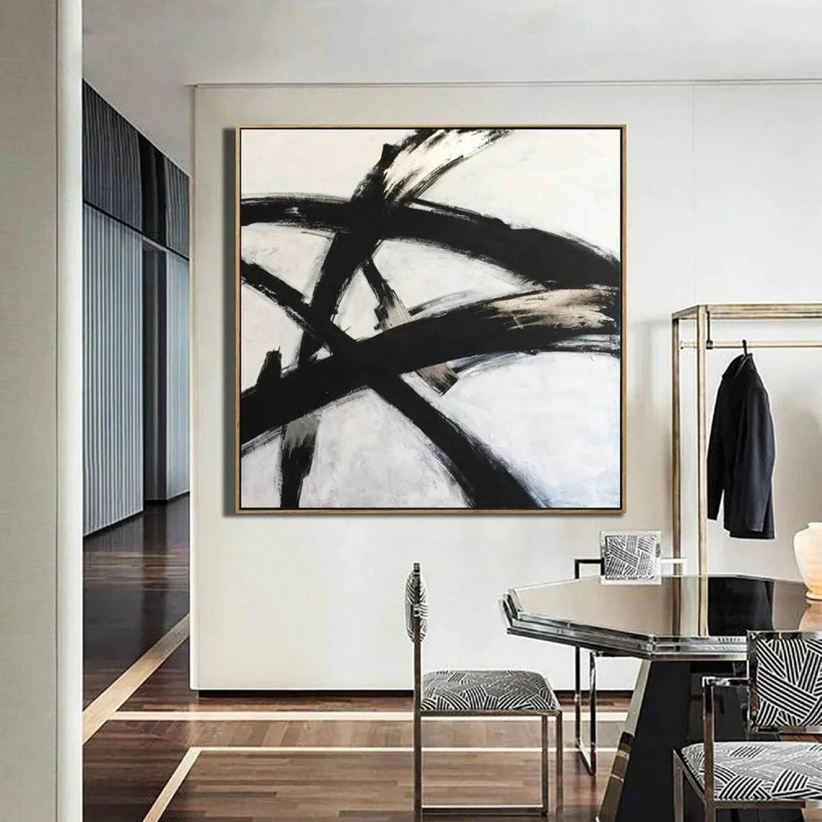 Custom Oil Painting art Abstract Franz Kline style Painting in black glare Black and White wall art decor for living room