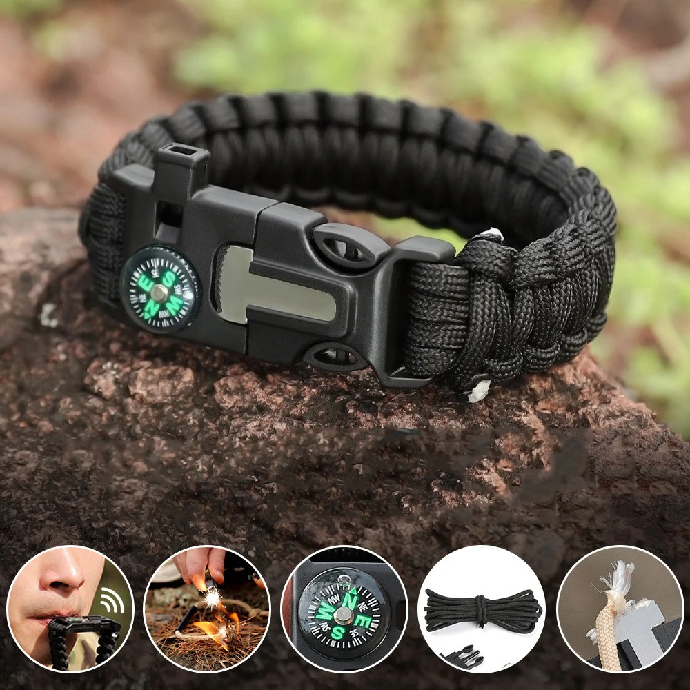 Multifunctional survival gear kit fetching flint cutter whistle 7 core saving outdoor compass adventure umbrella rope bracelet