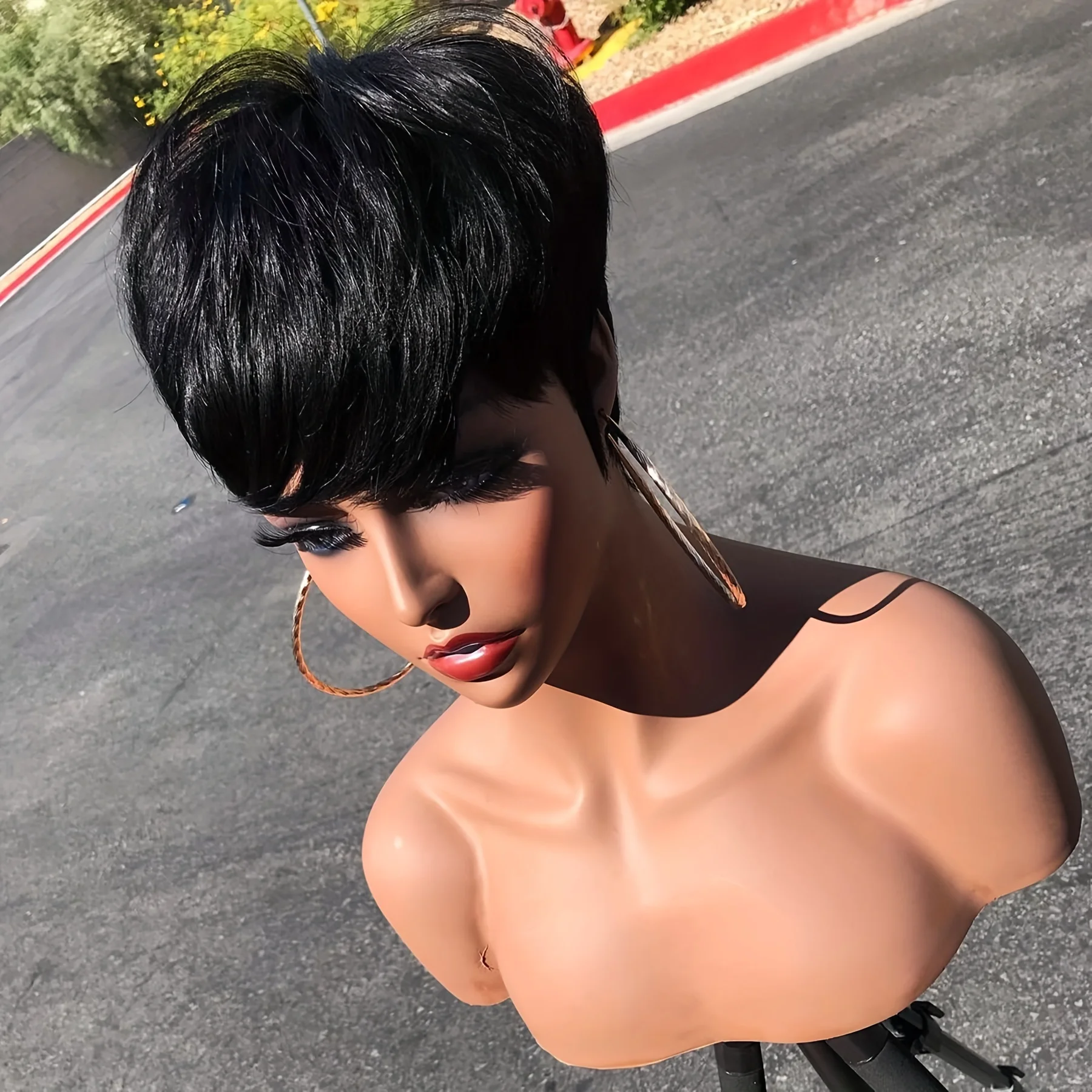 Full Machine Made None Lace Front Wig Nature Black Short Haircut Wig With Bangs Wig Brazilian Human Hair Pixie Cut