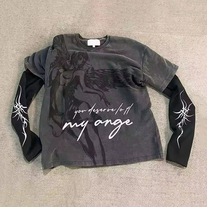 Custom Streetwear waffle Patchwork Long Sleeve Unisex Oversized Double Layer T Shirt Double Layered Long Sleeve T Shirt For men