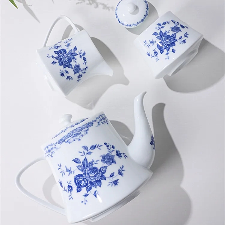 PITO Ceramic Antique Medieval Porcelain Tea Set Blue Decal Teapot Coffee Cup Chinese Ceramic Tea Set Afternoon Porcelain Tea Set