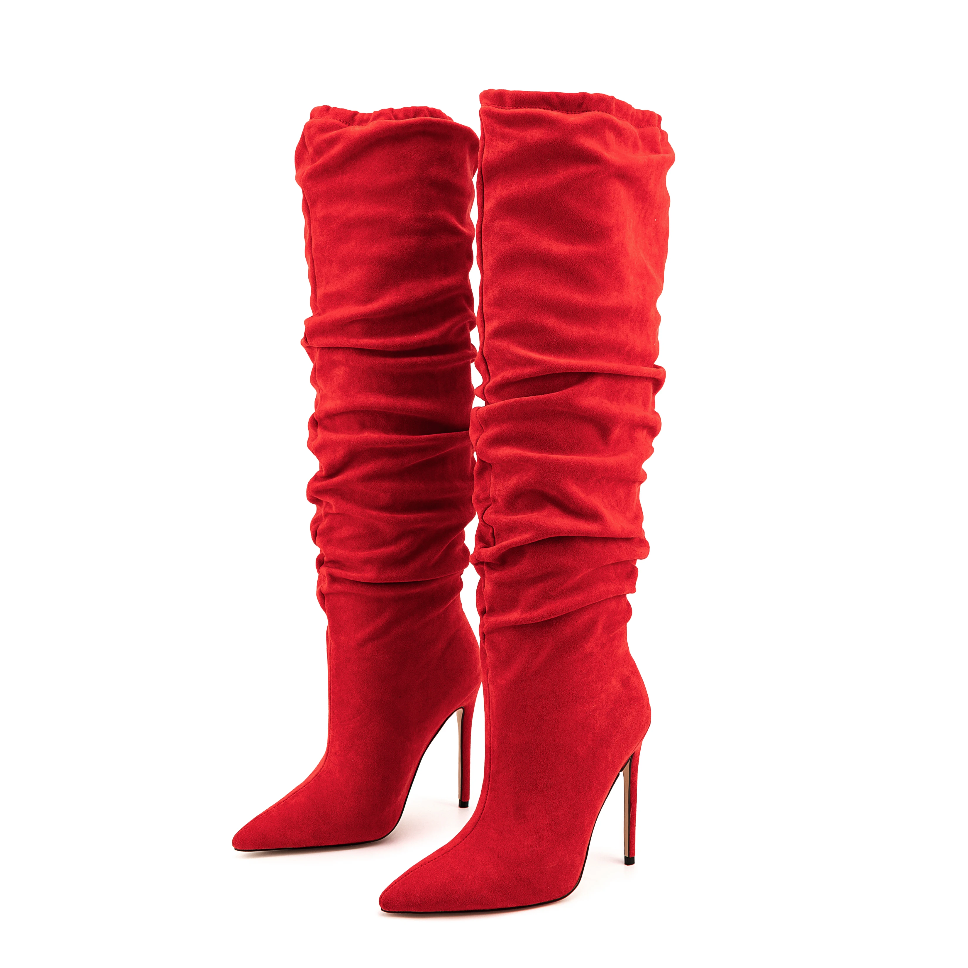 Sexy Point Toe Wide Shaft Stiletto Heels Women Royal Blue Faux Suede Fashion Winter Ruched Knee High Boots