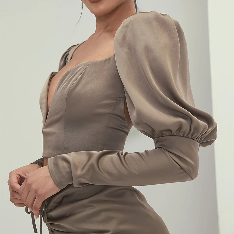 New Autumn high-end Custom Women Casual V Neck Sexy Olive Backless Ladies Cocktail Dress