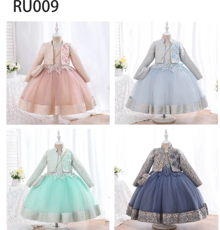 Outong Ready-Made Jacquard Fabric Ball Gown Princess Dress Infant Formal Birthday Baptism Party Kids Flower Girl Dresses 5-9Year