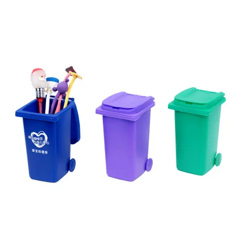 Plastic Mini Desktop Garbage Bin Set Pencil Cup Holder With Lips & Wheels