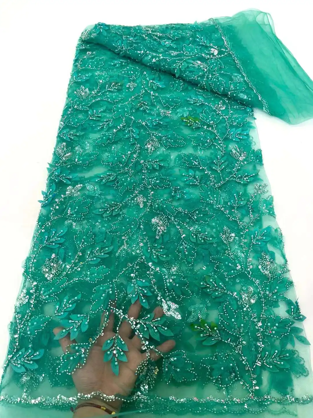 Dubai green sequin lace fabric