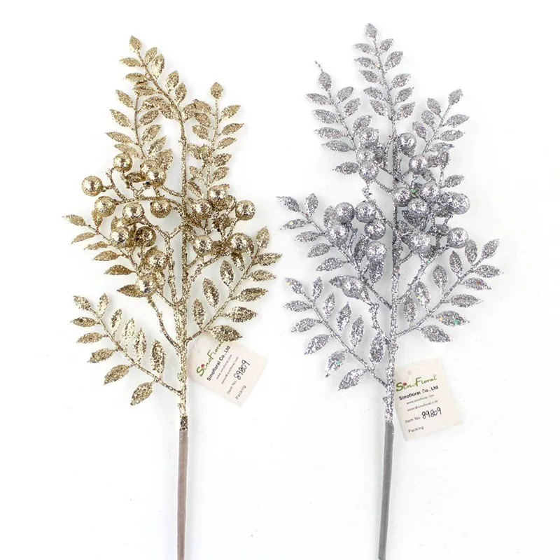 Picks Gold Silver Red Branches Artificial Decorations Leaf Tree Spray Glitter Christmas Pick