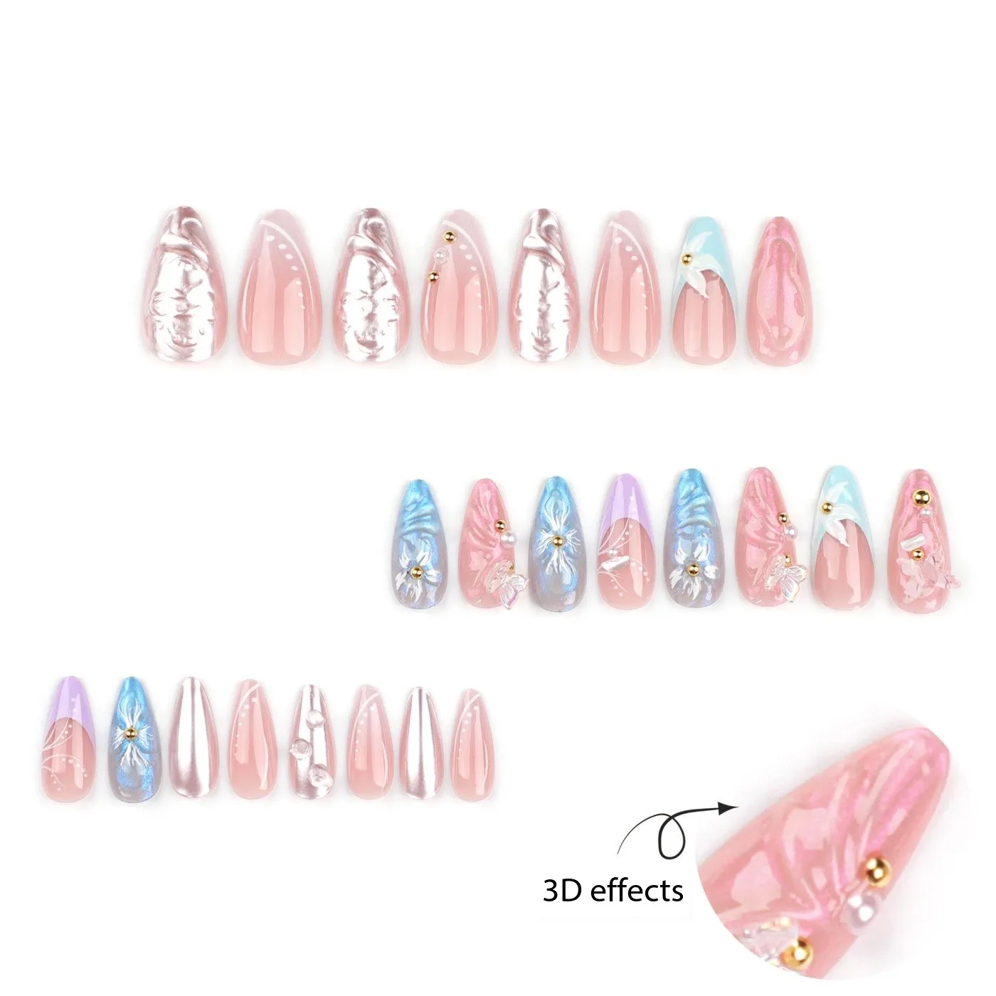 Glossy Gold Pearls  Almond Acrylic False Nails24Pcs 3D Flower Press on Nails Gel Glue on Nails 3D Full Cover Fake Nails