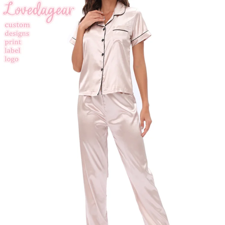 Loveda ODM OEM Women Breathable Satin Pajama Sets Button Up Solid Soft Two Pieces Sleepwear With Pocket