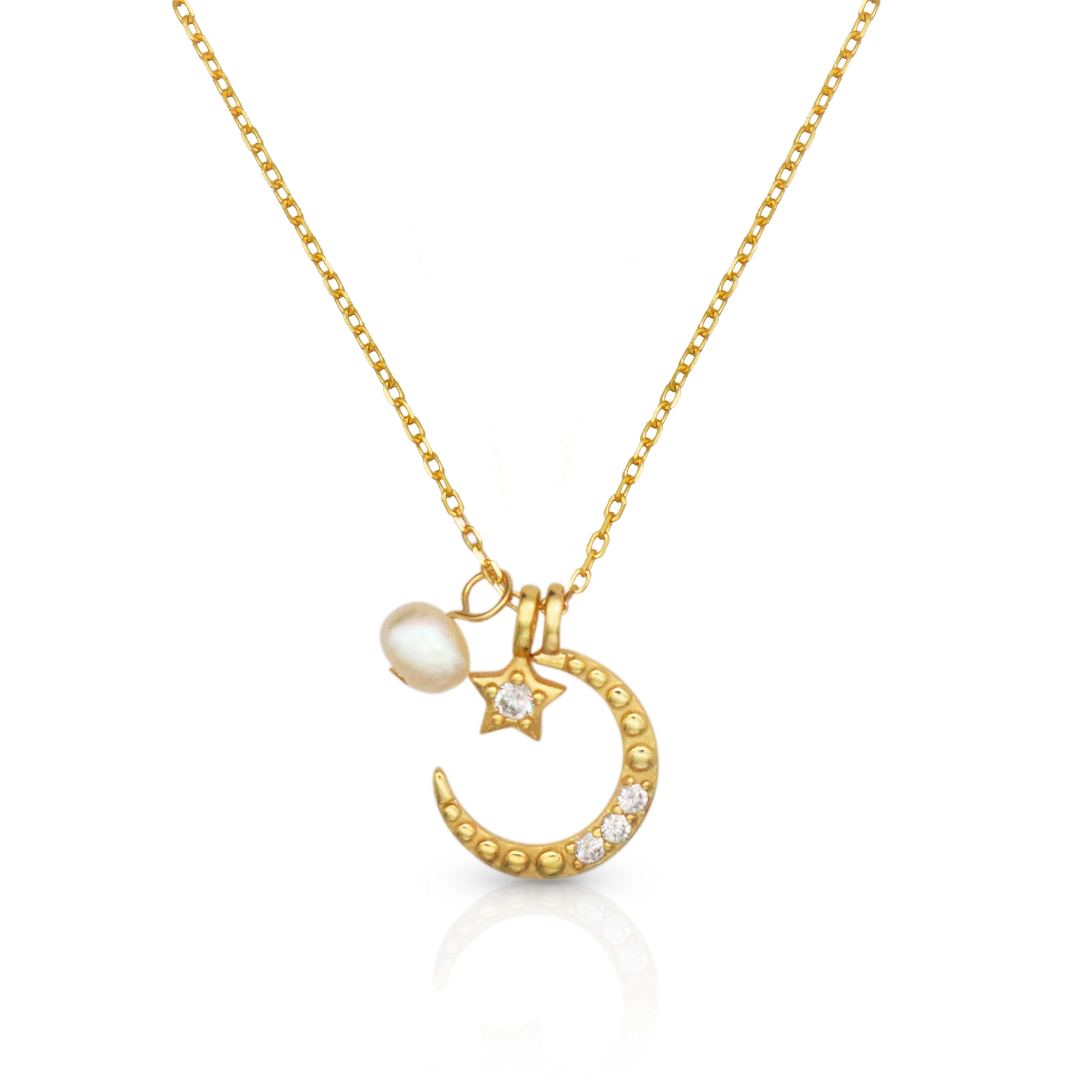 Chris April fashion design multi-way weaning 925 sterling silver gold plated moon and star pendant necklace with natural pearls