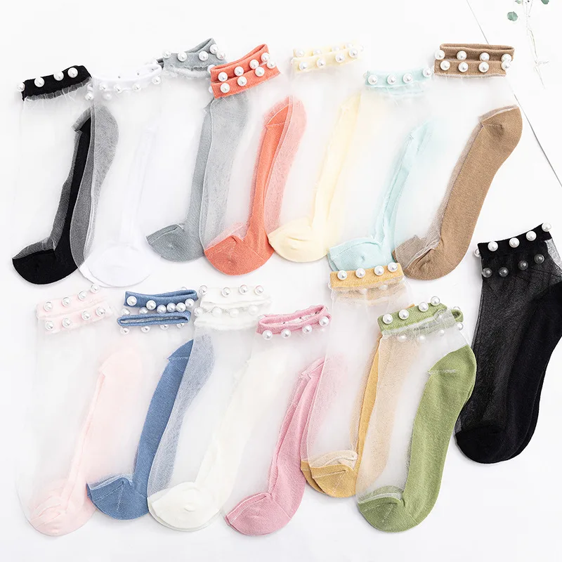 Summer crystal lace socks ultra thin girls Breathable transparent splicing stockings women ankle socks Crew Pearl Socks