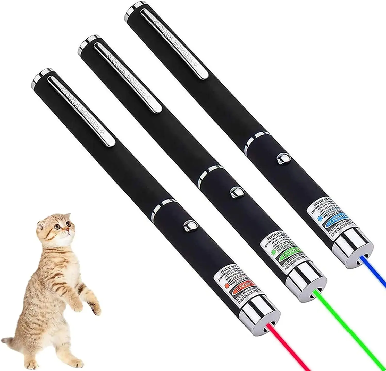 Red Green Purple Interactive LED Cat Laser Pointer Pen Powered by 2 AAA Battery