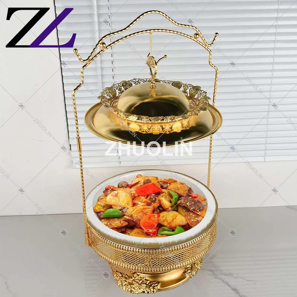 20 litres round hook hanging dining shaping food warmer hotel gold plated buffet stove bell chaffing dishes for restaurant
