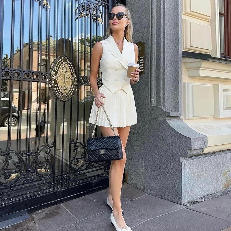 RedPeony Womens Outfits New Women Elegant Turn Collar Crop Top Female Street Skirts 2 Piece Suits Folds Mini Skirt Sets