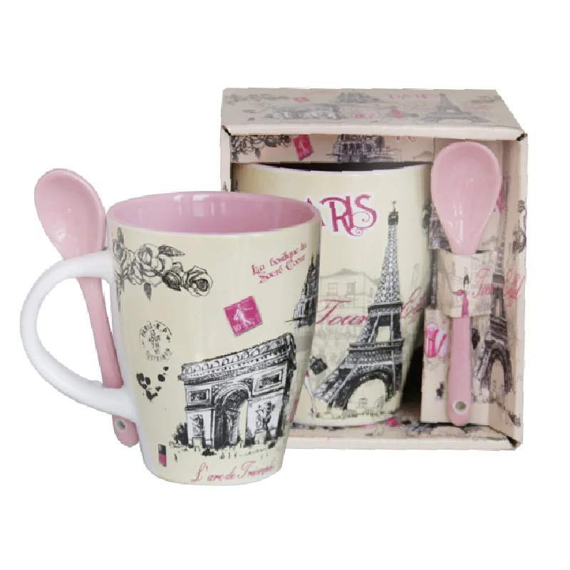 Custom Design Souvenir Elegant Eiffel Tower Ceramic Mug Perfect for Paris Travel Gift Unique Coffee Cup Set with Spoon